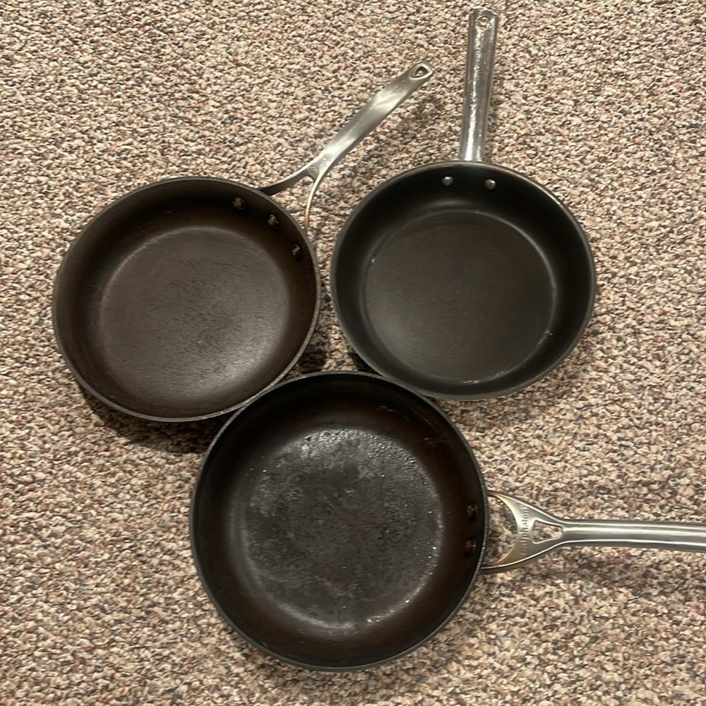 3 pre-loved sauté pans (calphalon and Cuisinart)